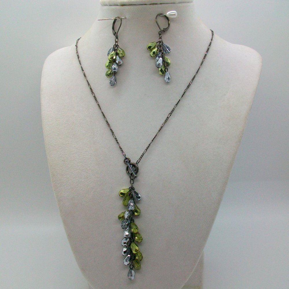Metallic Green Silver Bead Tassel Necklace Matching Dangle Earrings